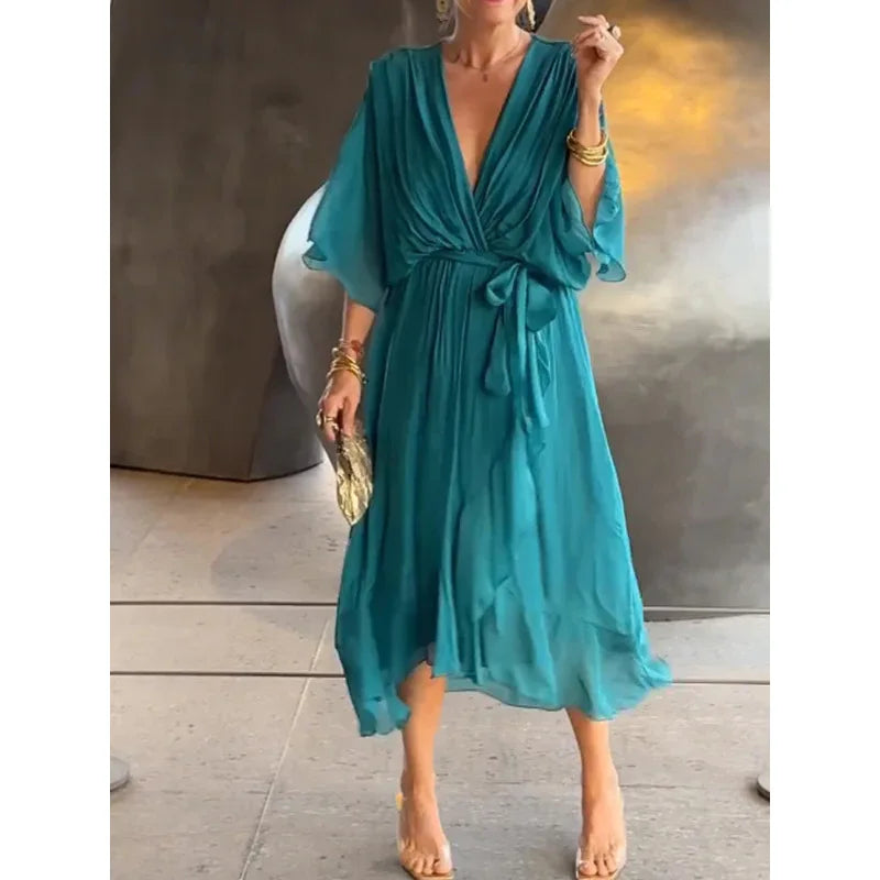 Women's Long Chiffon V-Neck Dress – Timeless Elegance