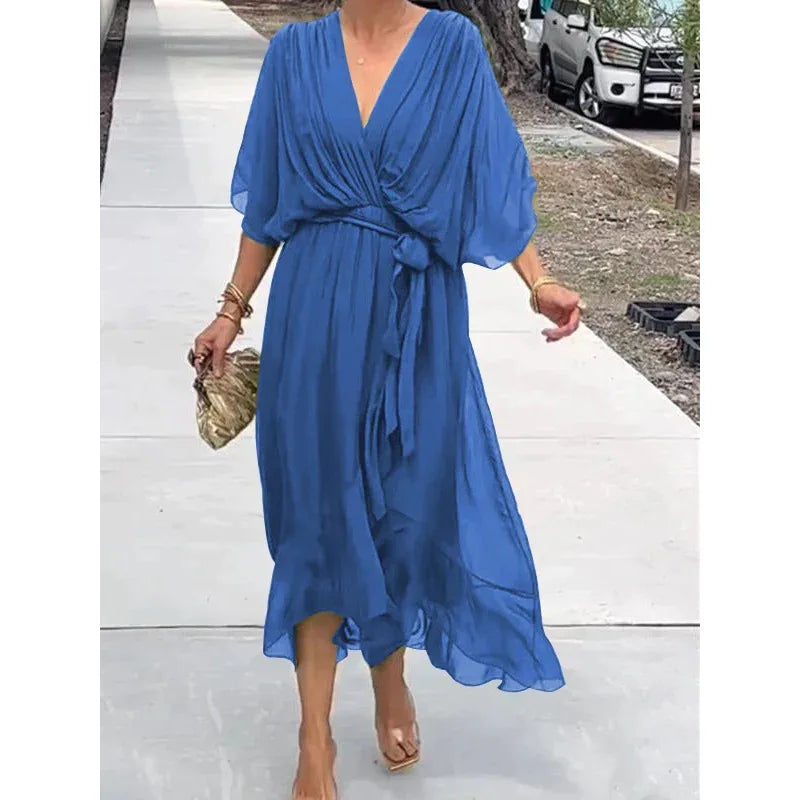 Robe Longue Femme en Mousseline de Soie avec Décolleté en V – Élégance Intemporelle